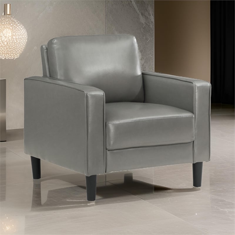 Rumi Accent Chair- Gray Faux Leather- Modern Track Arms- Foam Cushions