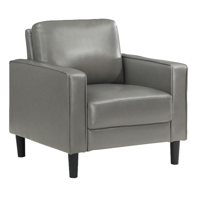 Rumi Accent Chair- Gray Faux Leather- Modern Track Arms- Foam Cushions