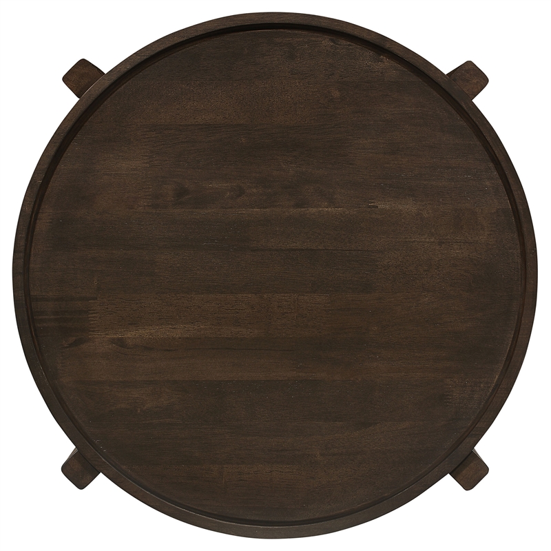 Katie End Table- Round 26 Inch Top- Dark Brown Solid Wood- Cross Beam Legs