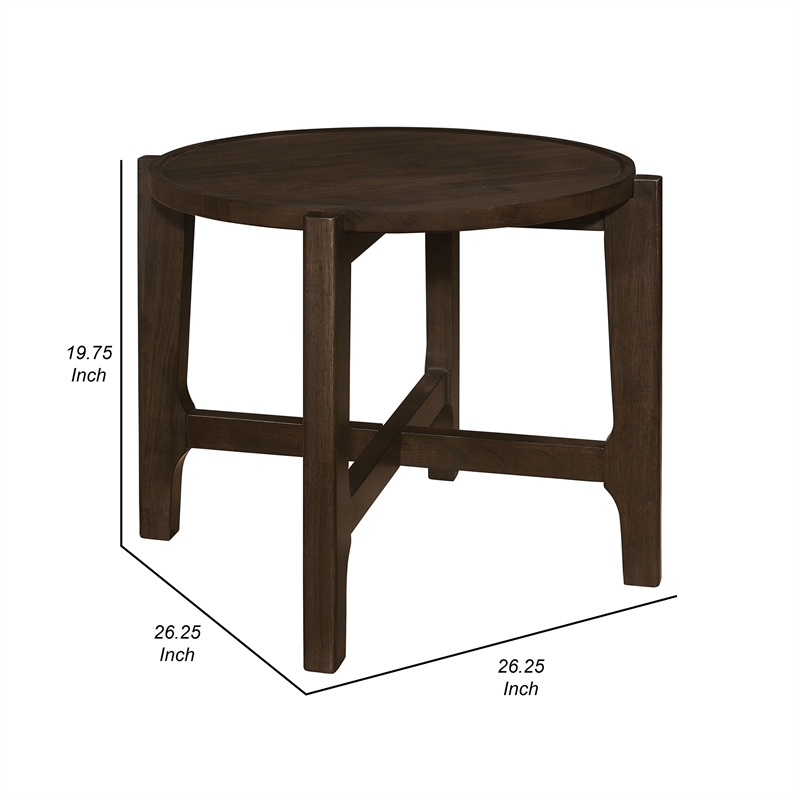 Katie End Table- Round 26 Inch Top- Dark Brown Solid Wood- Cross Beam Legs