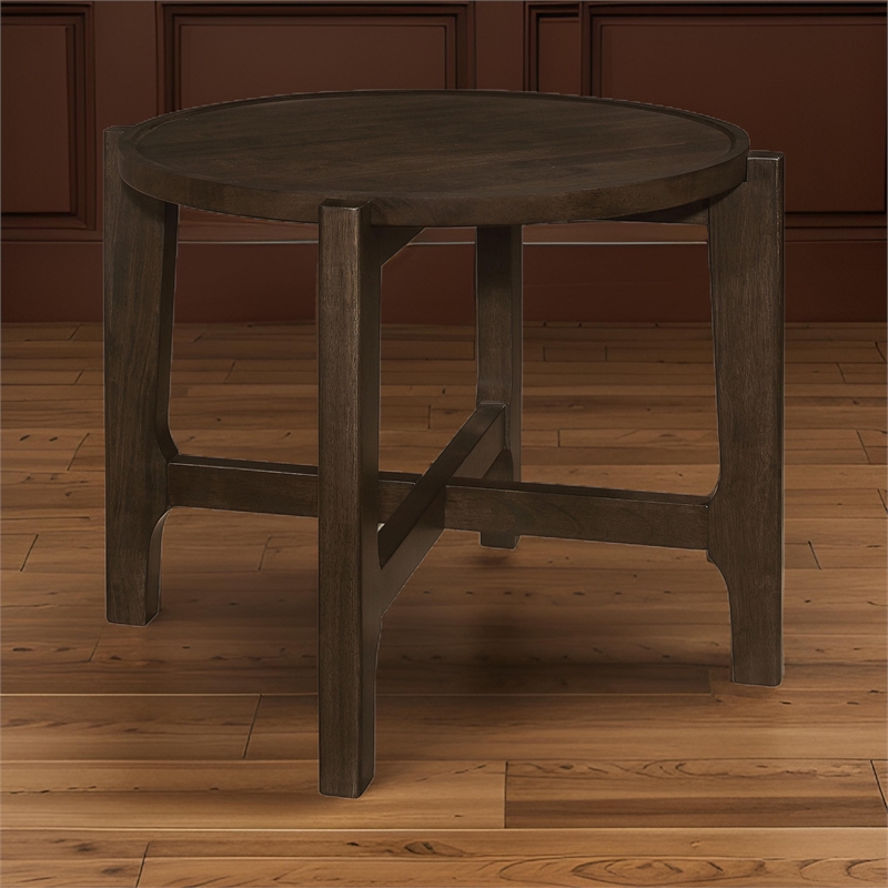 Katie End Table- Round 26 Inch Top- Dark Brown Solid Wood- Cross Beam Legs