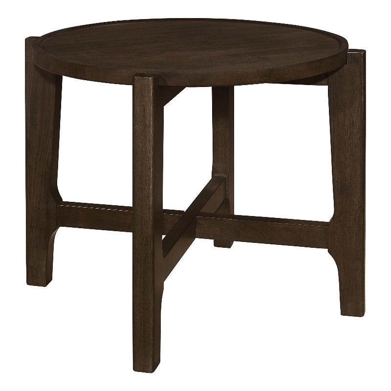 Katie End Table- Round 26 Inch Top- Dark Brown Solid Wood- Cross Beam Legs