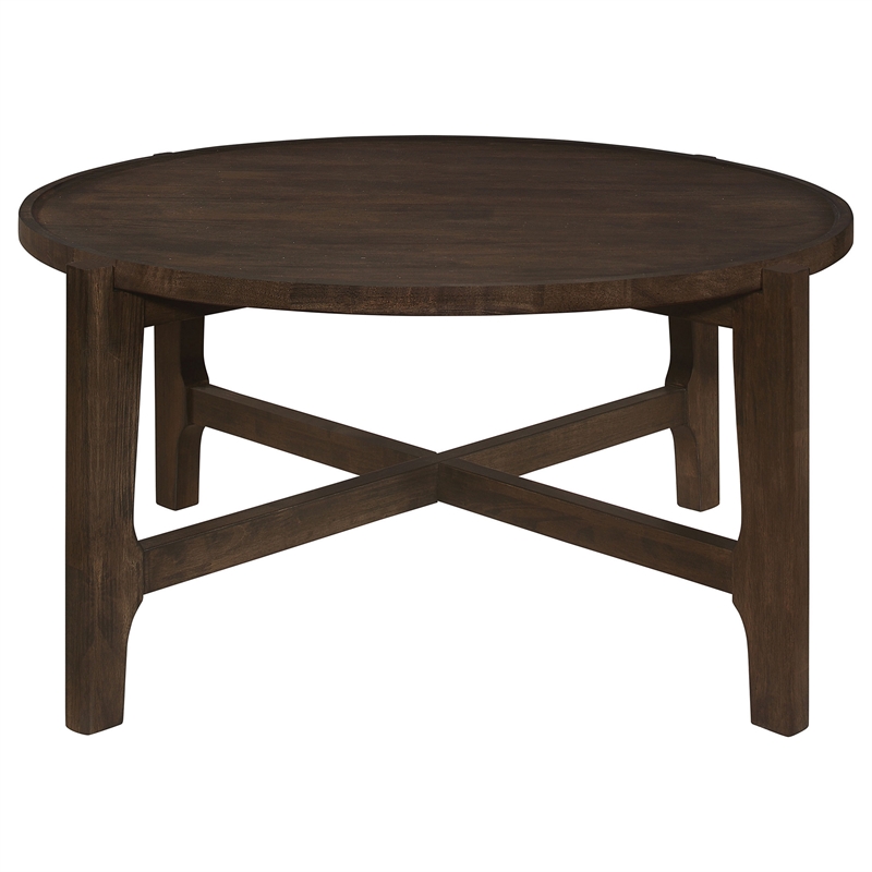 Katie Coffee Table- Round 38 Inch Top- Dark Brown Wood- Cross Beam Legs