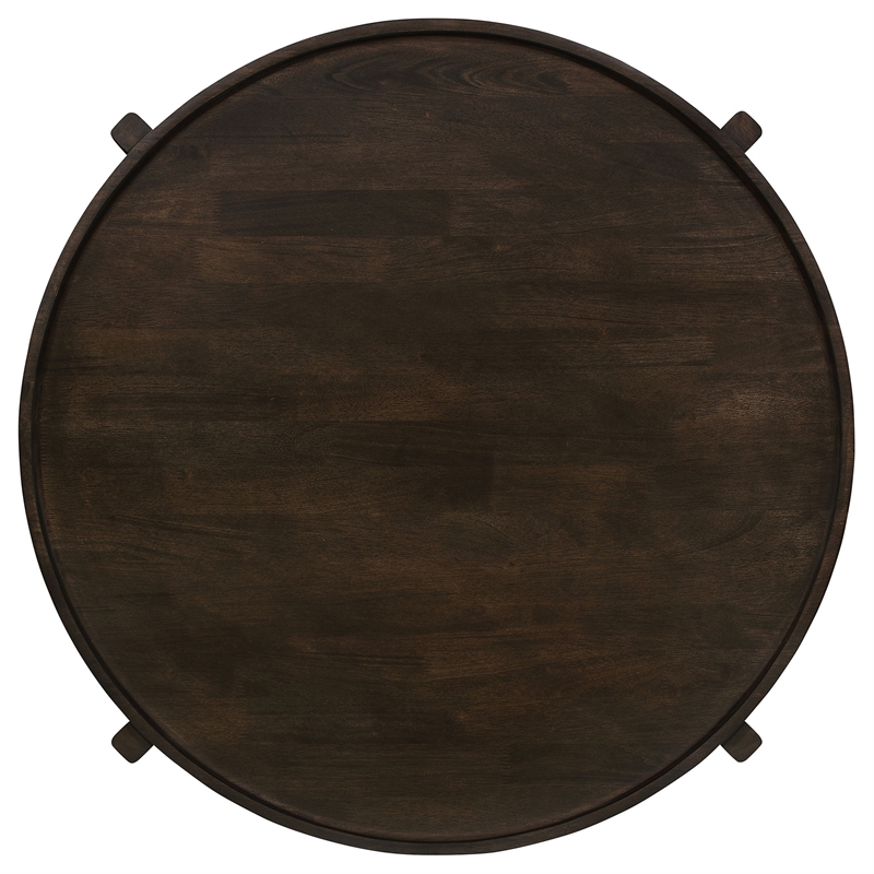 Katie Coffee Table- Round 38 Inch Top- Dark Brown Wood- Cross Beam Legs