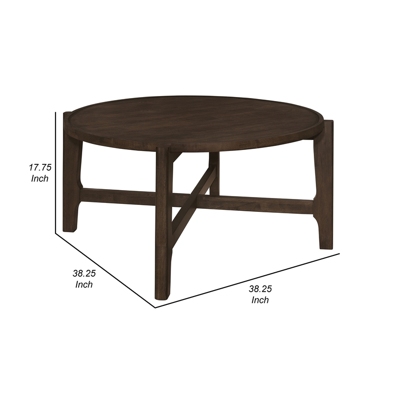 Katie Coffee Table- Round 38 Inch Top- Dark Brown Wood- Cross Beam Legs