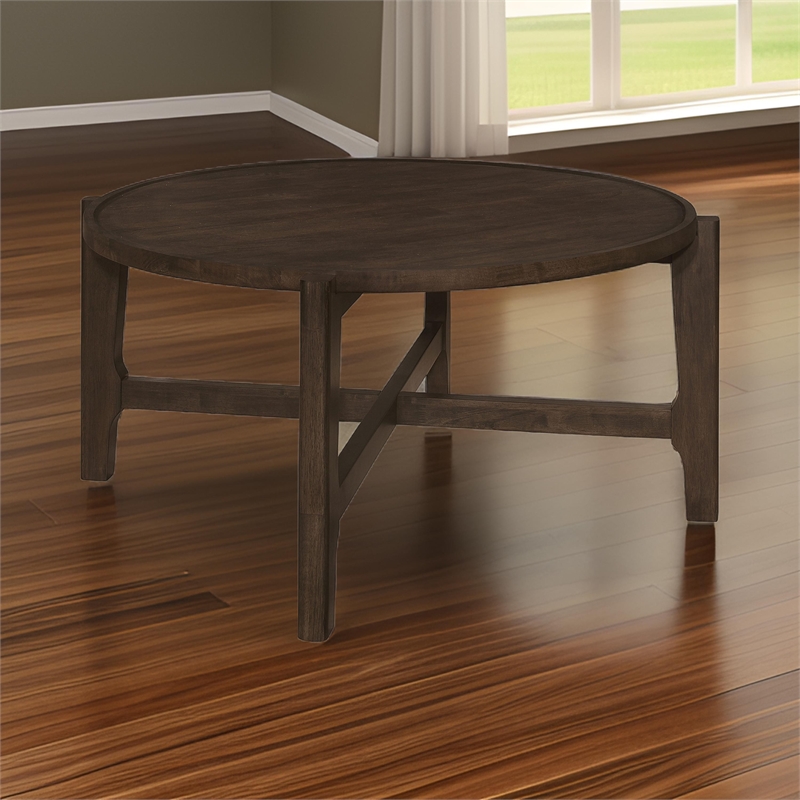 Katie Coffee Table- Round 38 Inch Top- Dark Brown Wood- Cross Beam Legs