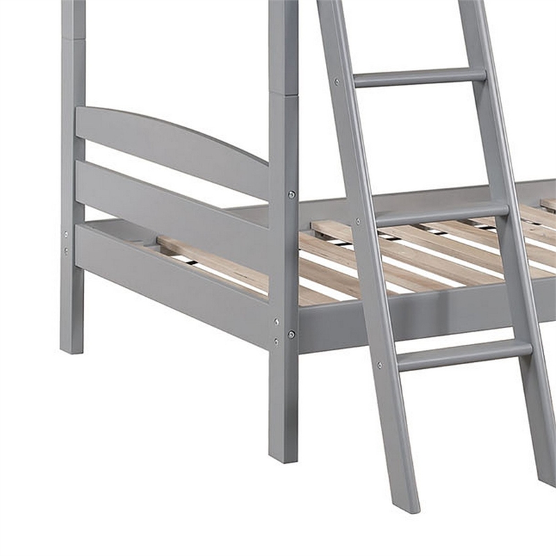 Hina Twin Bunk Bed- Angled Ladder- Sturdy Slat Design- Gray Solid Wood