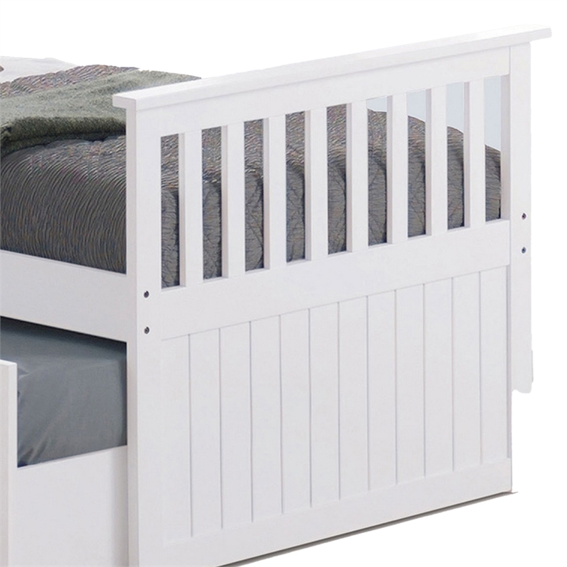 Clen Twin Captain Bed- Trundle with 3 Drawer Storage- White Solid Hardwood