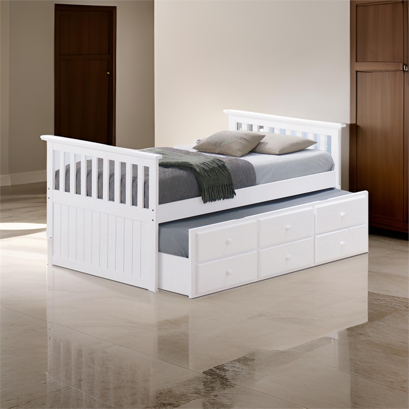 Clen Twin Captain Bed- Trundle with 3 Drawer Storage- White Solid Hardwood
