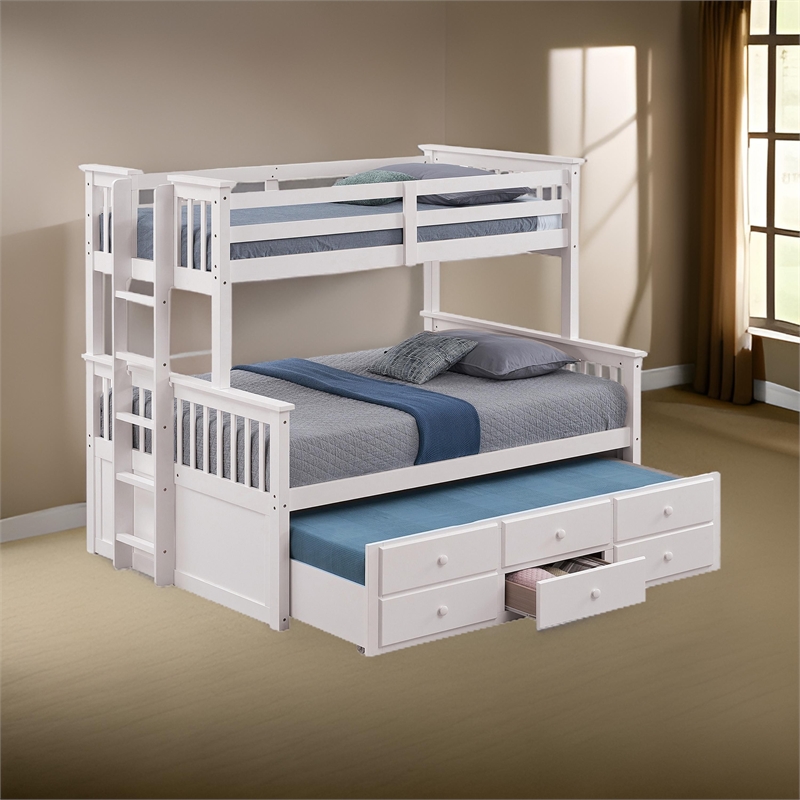 Veran Twin Over Full Bunk Bed- Trundle and 3 Drawers- White Solid Wood
