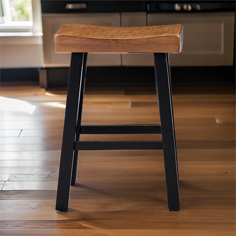 Bianca Counter Stool Set of 2- Light Brown Saddle Seat- Black Solid Wood