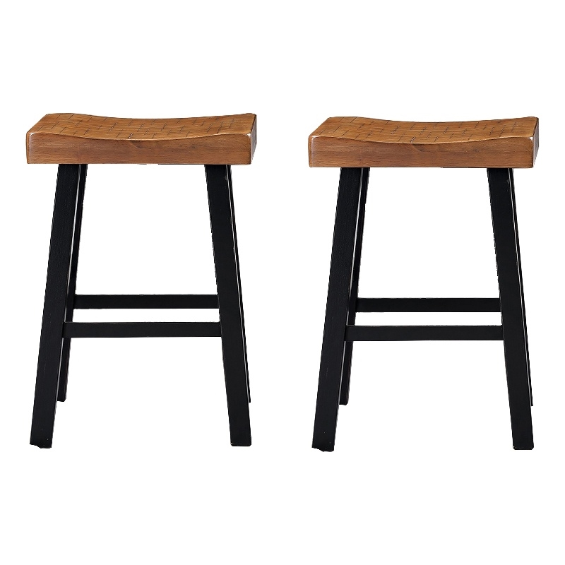 Bianca Counter Stool Set of 2- Light Brown Saddle Seat- Black Solid Wood