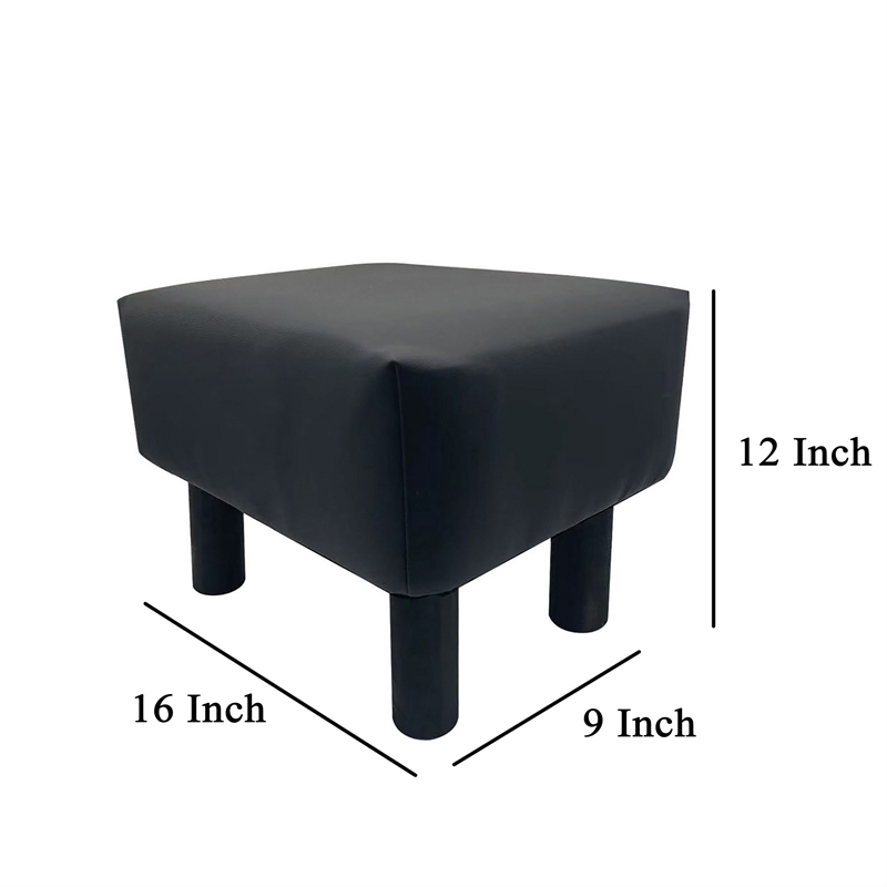 Ginni Footstool Ottoman Set of 2- Black Faux Leather- Soft Seat- Wood Legs