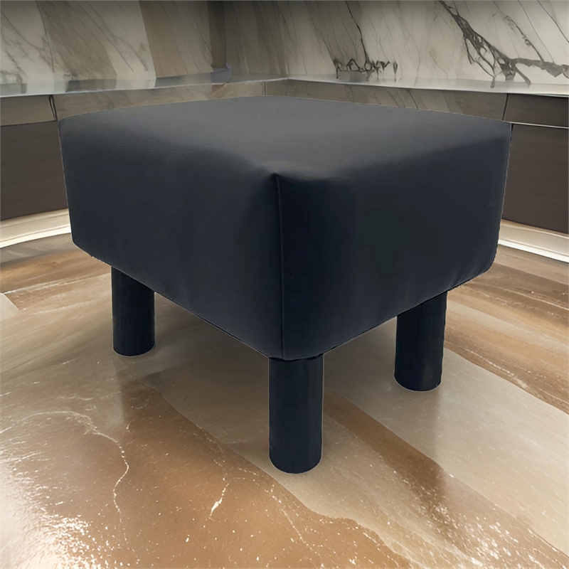 Ginni Footstool Ottoman Set of 2- Black Faux Leather- Soft Seat- Wood Legs