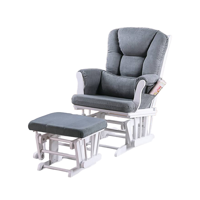 Noni Glider Manual Recliner Chair w Square Ottoman- White Wood- Gray