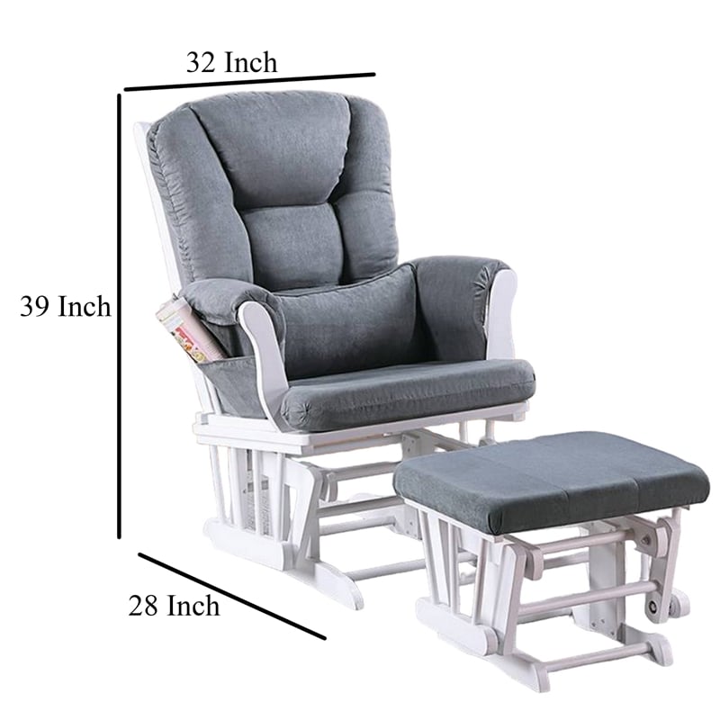 Noni Glider Manual Recliner Chair w Square Ottoman- White Wood- Gray