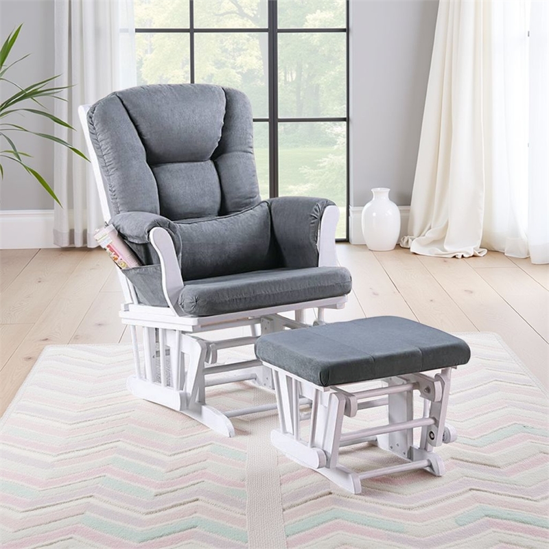 Noni Glider Manual Recliner Chair w Square Ottoman- White Wood- Gray