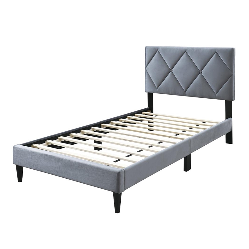 Lilian Full Size Bed- Tufted Gray Velvet Upholstery- Diamond Stitch