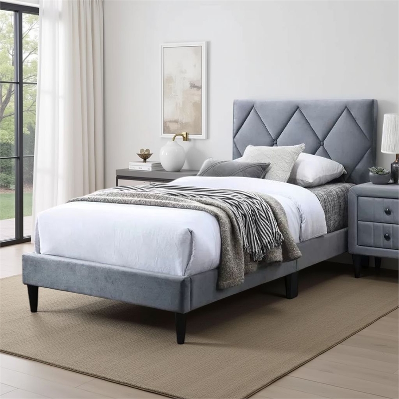 Lilian Full Size Bed- Tufted Gray Velvet Upholstery- Diamond Stitch
