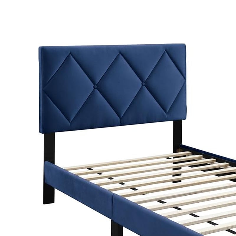 Lilian Twin Bed- Tufted Navy Blue Velvet Upholstery- Diamond Stitch