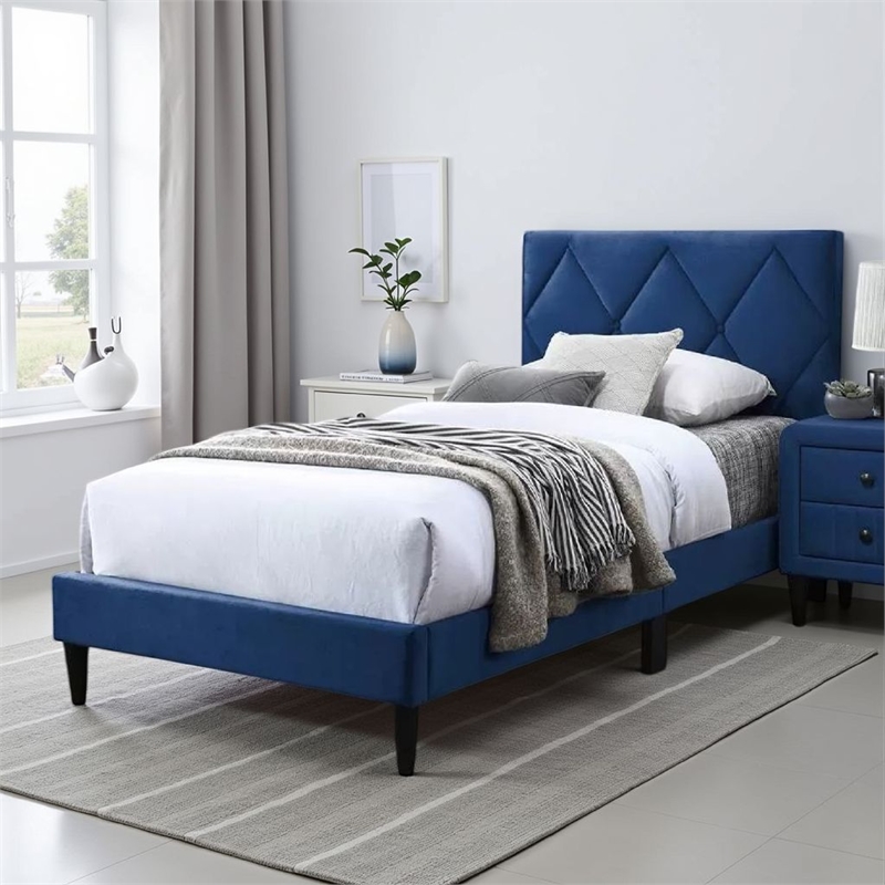 Lilian Twin Bed- Tufted Navy Blue Velvet Upholstery- Diamond Stitch