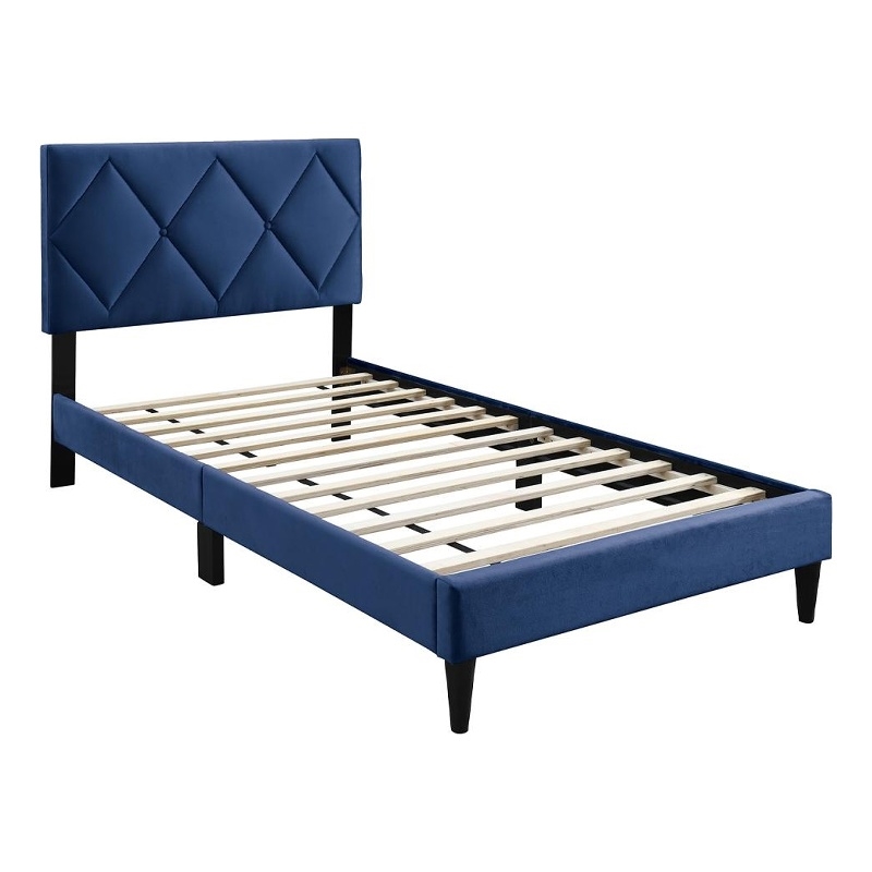 Lilian Twin Bed- Tufted Navy Blue Velvet Upholstery- Diamond Stitch