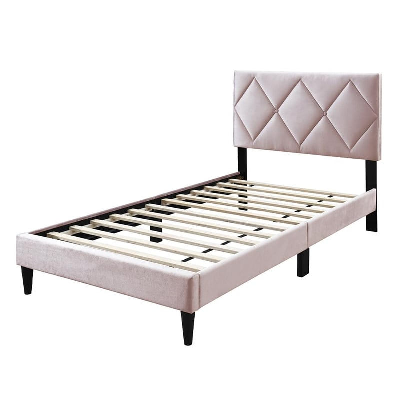 Lilian Full Bed- Tufted Light Pink Velvet Upholstery- Diamond Stitch