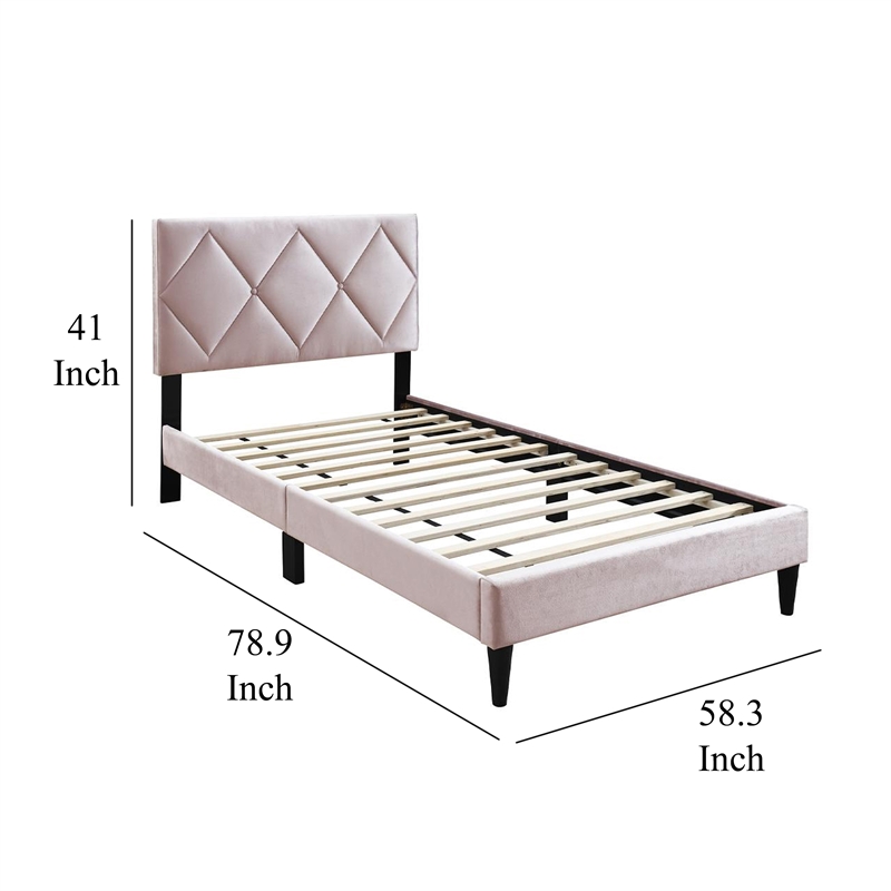 Lilian Full Bed- Tufted Light Pink Velvet Upholstery- Diamond Stitch