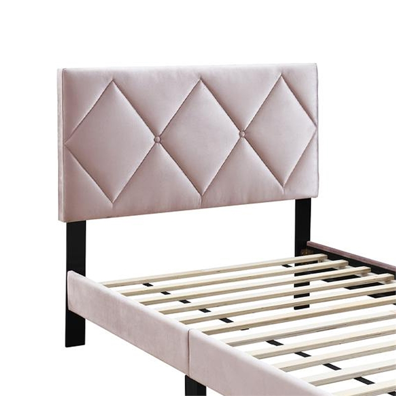 Lilian Twin Bed- Tufted Light Pink Velvet Upholstery- Diamond Stitch
