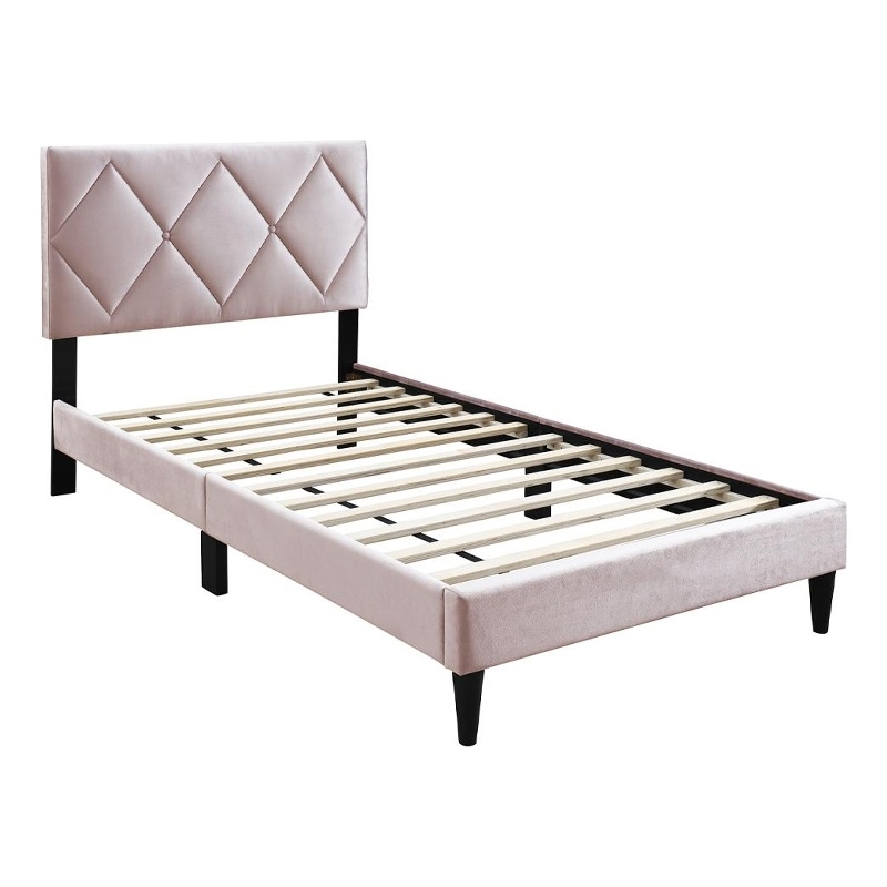 Lilian Twin Bed- Tufted Light Pink Velvet Upholstery- Diamond Stitch