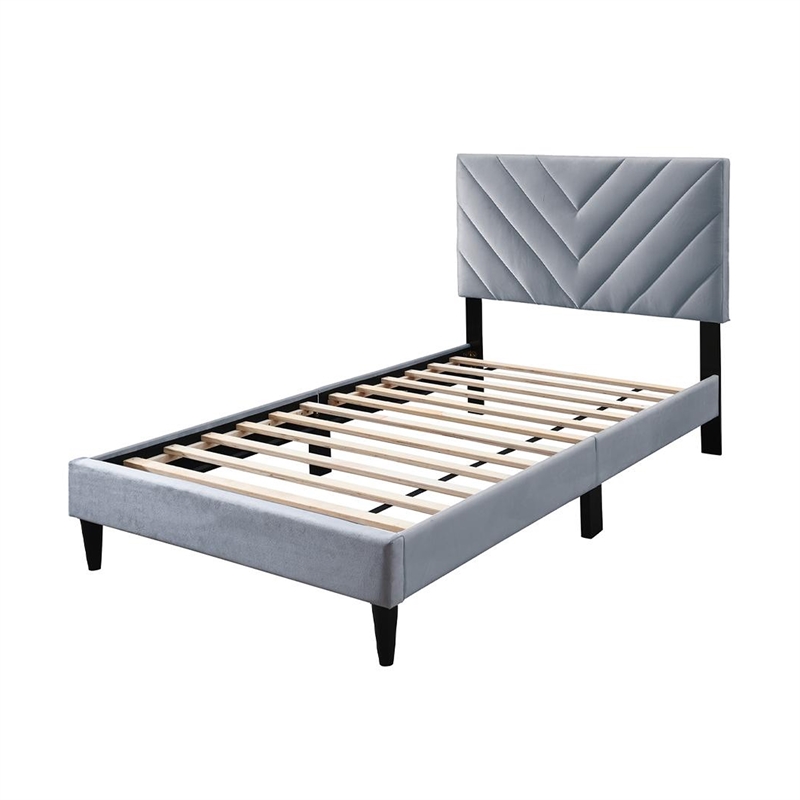 Lilian Full Size Bed- Tufted Gray Velvet Upholstery- Chevron Stitch