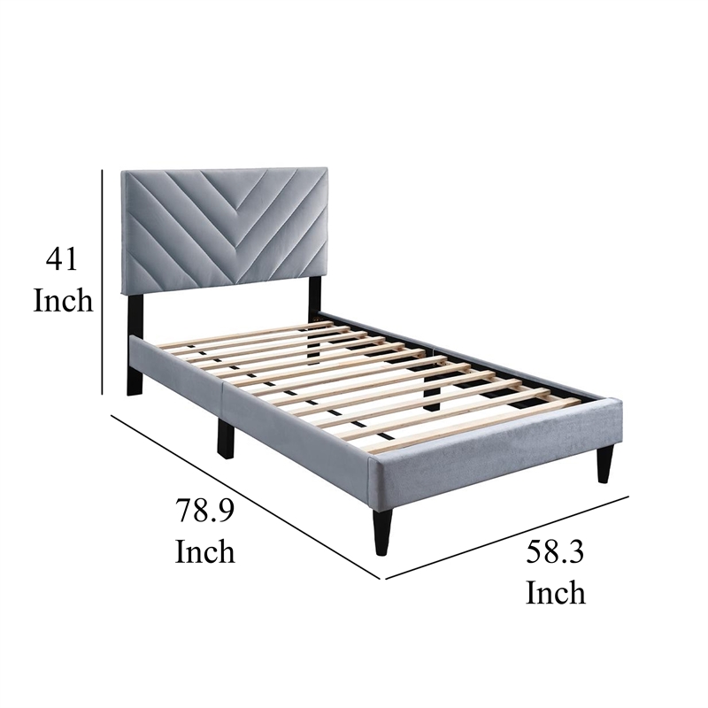 Lilian Full Size Bed- Tufted Gray Velvet Upholstery- Chevron Stitch