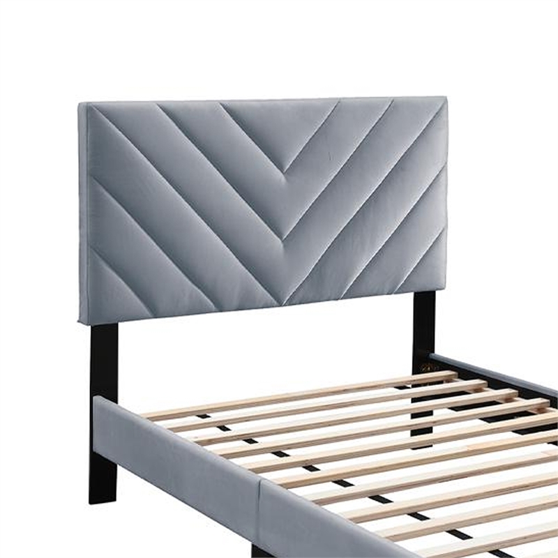 Lilian Twin Size Bed- Tufted Gray Velvet Upholstery- Chevron Stitch