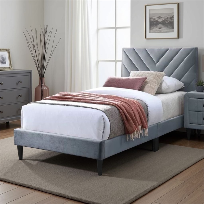 Lilian Twin Size Bed- Tufted Gray Velvet Upholstery- Chevron Stitch