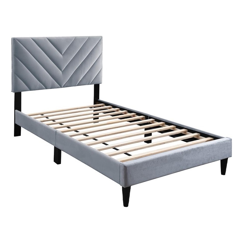Lilian Twin Size Bed- Tufted Gray Velvet Upholstery- Chevron Stitch