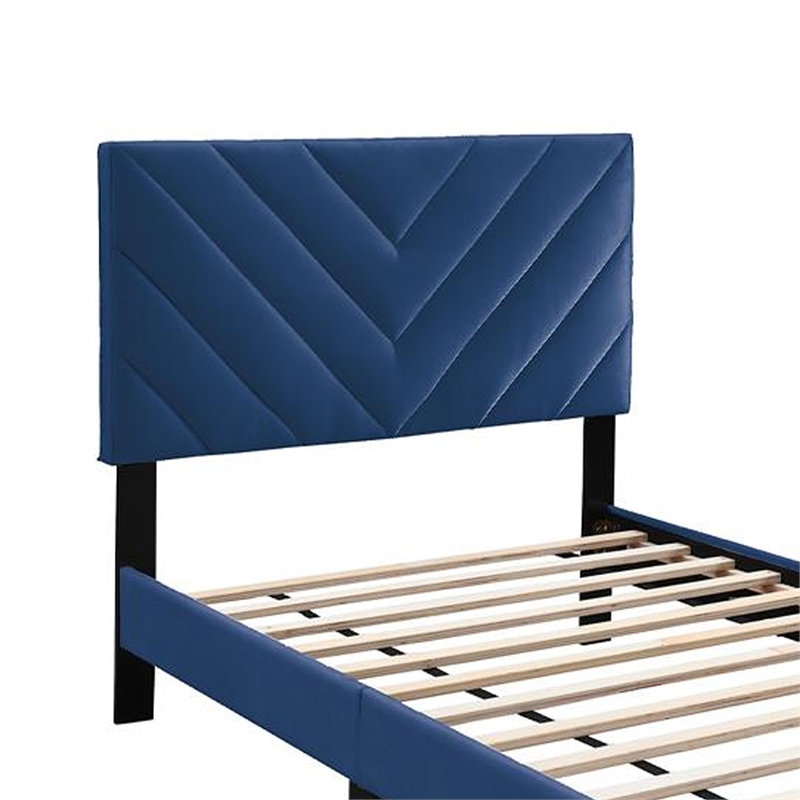 Lilian Full Bed- Tufted Navy Blue Velvet Upholstery- Chevron Stitch