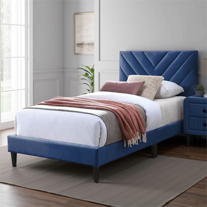 Lilian Full Bed- Tufted Navy Blue Velvet Upholstery- Chevron Stitch
