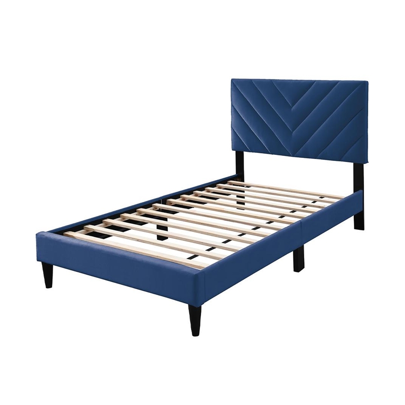 Lilian Twin Bed- Tufted Navy Blue Velvet Upholstery- Chevron Stitch