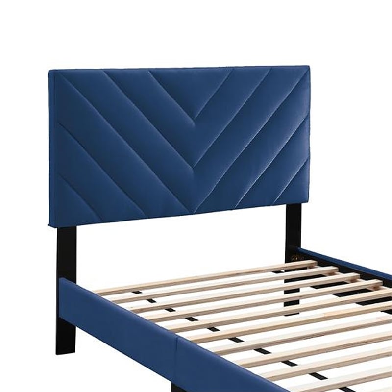 Lilian Twin Bed- Tufted Navy Blue Velvet Upholstery- Chevron Stitch