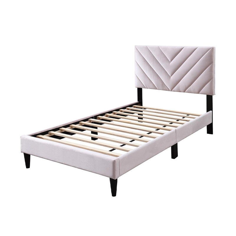 Lilian Full Bed- Tufted Light Pink Velvet Upholstery- Chevron Stitch
