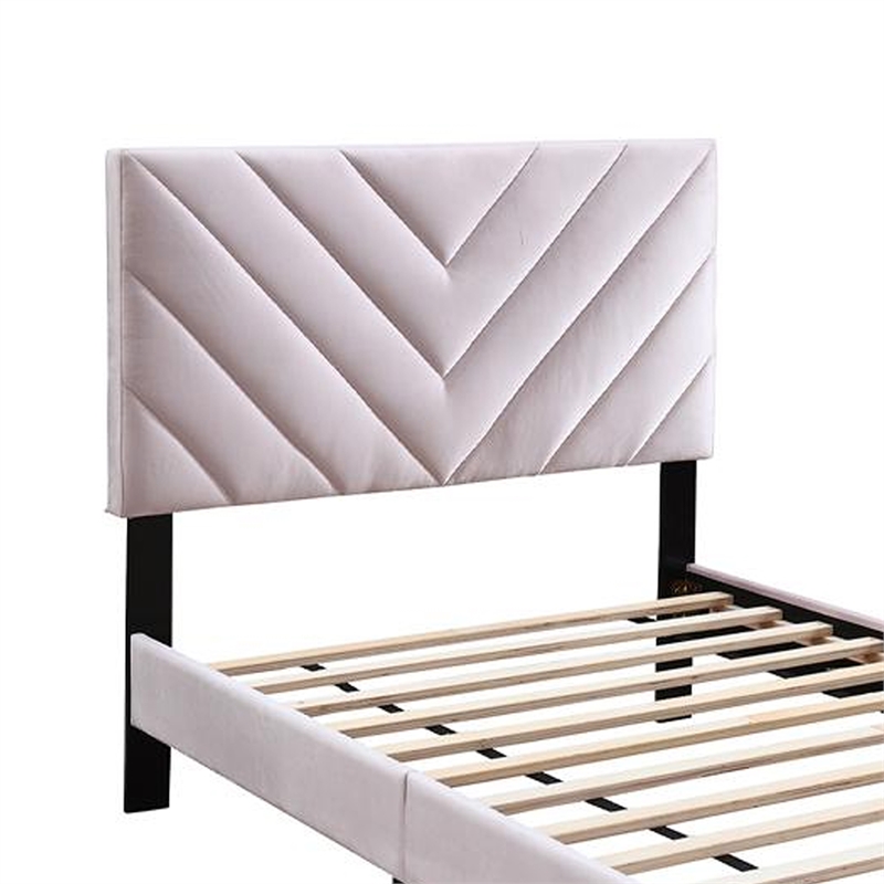 Lilian Full Bed- Tufted Light Pink Velvet Upholstery- Chevron Stitch