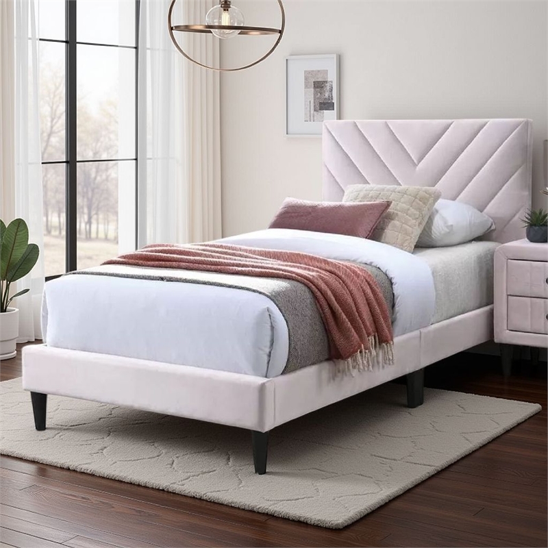 Lilian Full Bed- Tufted Light Pink Velvet Upholstery- Chevron Stitch