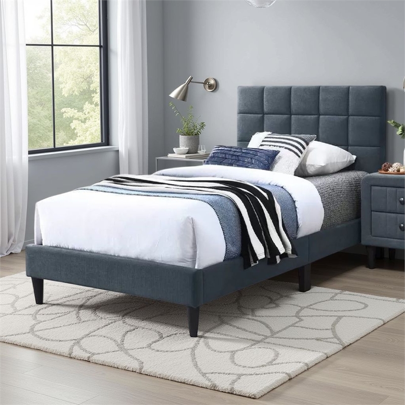 Lilian Twin Bed- Soft Biscuit Tufted Charcoal Gray Linen Upholstery