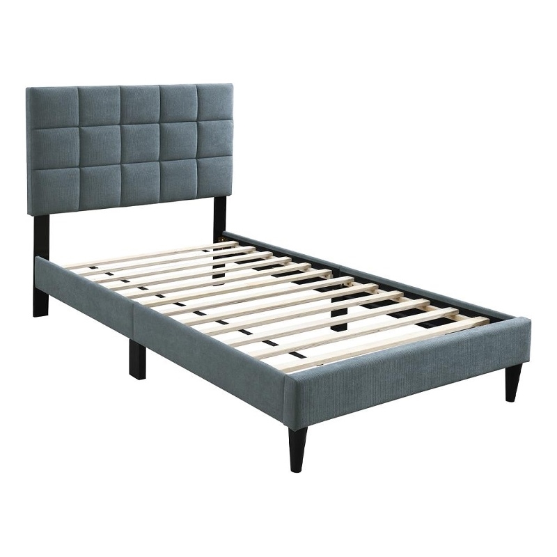 Lilian Twin Bed- Tufted Gray Linen Upholstery- Biscuit Tufted Stitch