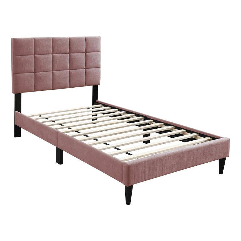 Lilian Full Bed- Tufted Pink Linen Upholstery- Biscuit Tufted Stitch