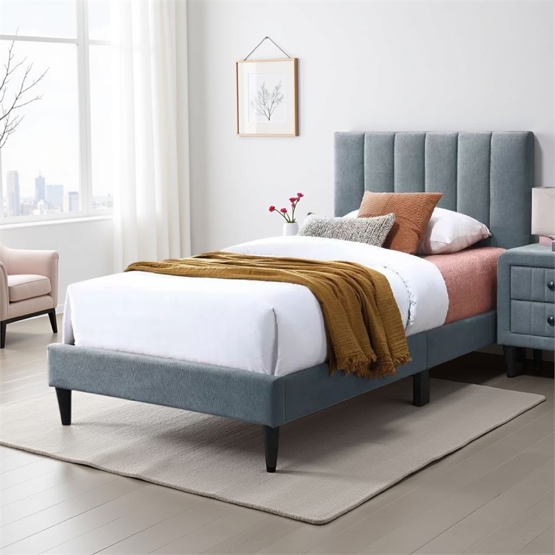 Lilian Twin Bed- Soft Channel Tufted Light Gray Linen Upholstery