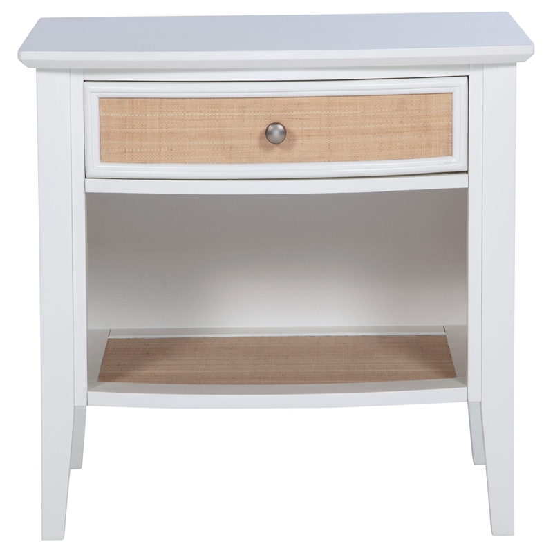 Heo Nightstand- 1 Brown Rattan Woven Drawer- Open Shelf- White Wood