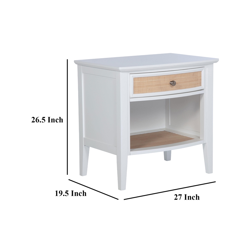Heo Nightstand- 1 Brown Rattan Woven Drawer- Open Shelf- White Wood