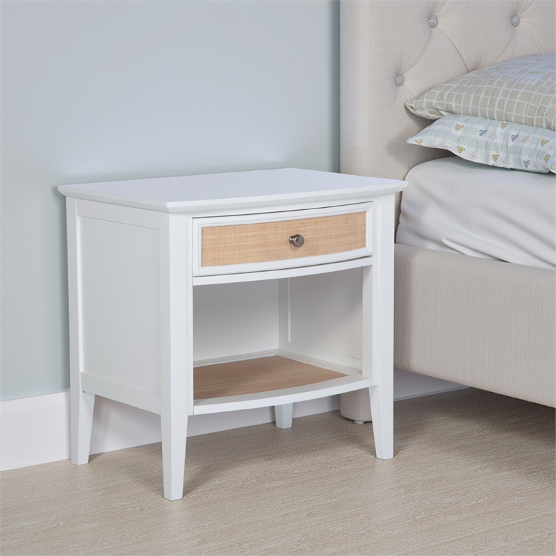 Heo Nightstand- 1 Brown Rattan Woven Drawer- Open Shelf- White Wood
