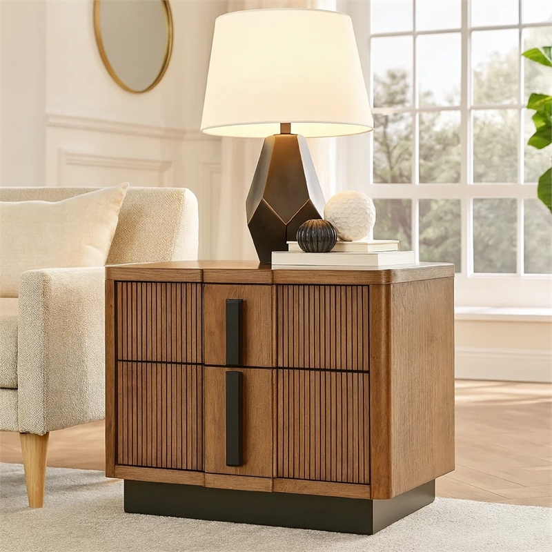 Reon Nightstand- 2 Drawers- Decorative Reeded Ash Brown Black Wood